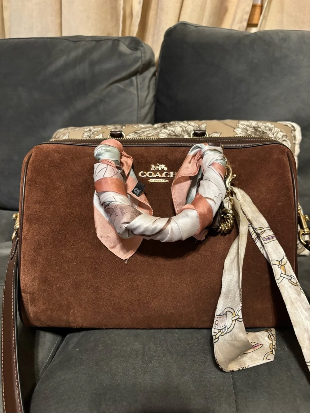 Coach Brown Suede Satchel with Dark Brown Leather Trim and Gold Hardware
